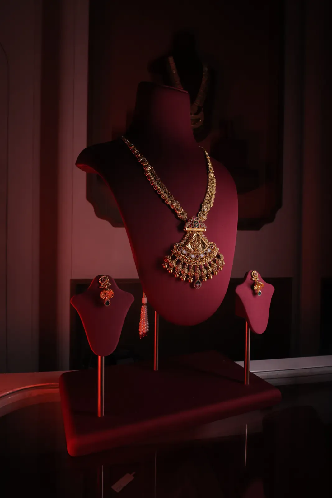 Lakshmi temple long necklace on a velvet bust
